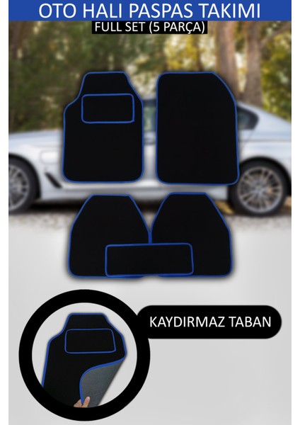 Her Araca Uyumlu Siyah Renk Topuk Destekli Kaydırmaz Tabanlı Üstü Yumoş Kumaş Oto Halı Paspas, Kenar Rengi Mavi
