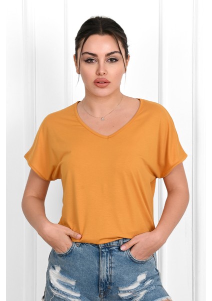 Kadın V Yaka Kısa Kollu T-Shirt 1478-23