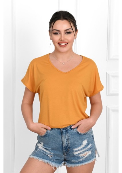 Kadın V Yaka Kısa Kollu T-Shirt 1478-23 fiyatları