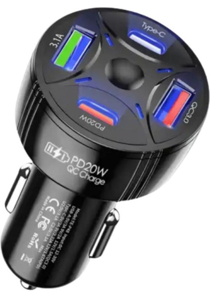 50W Süper Hızlı 4in1 2x USB ve 2x Type C Girişli Araç Şarj Adaptörü, Akım ve Isı Korumalı Şarj Başlığı