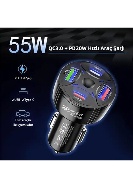 50W Süper Hızlı 4in1 2x USB ve 2x Type C Girişli Araç Şarj Adaptörü, Akım ve Isı Korumalı Şarj Başlığı