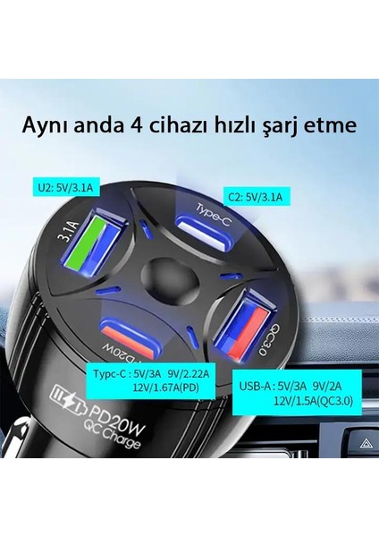 50W Süper Hızlı 4in1 2x USB ve 2x Type C Girişli Araç Şarj Adaptörü, Akım ve Isı Korumalı Şarj Başlığı