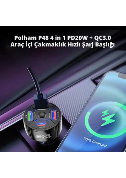 50W Süper Hızlı 4in1 2x USB ve 2x Type C Girişli Araç Şarj Adaptörü, Akım ve Isı Korumalı Şarj Başlığı