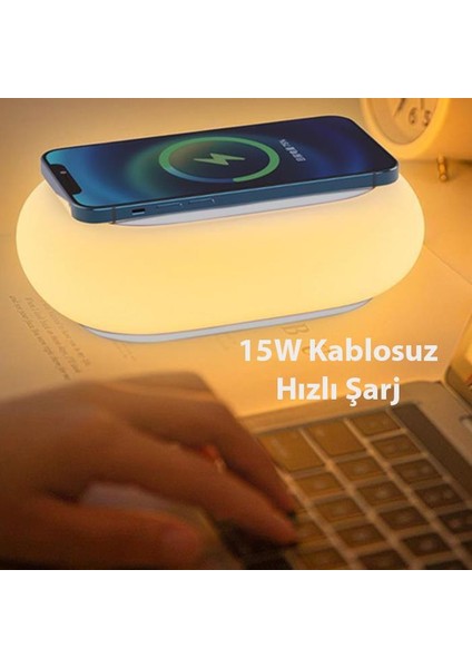 1200MAH Şarjlı Taşınabilir 2in1 Masaüstü 15W Kablosuz Şarj Cihazı ve Gece Lambası Kamp Işığı