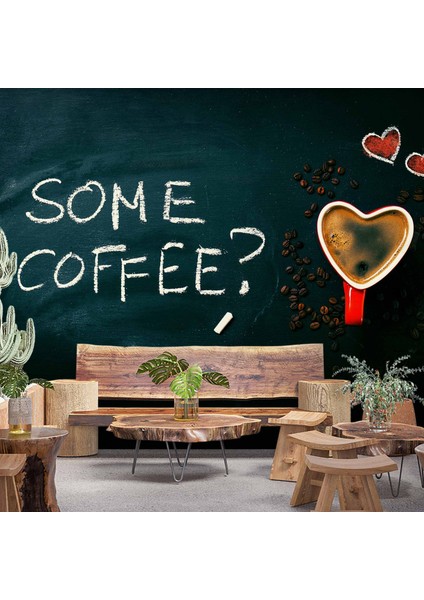 Kahve Bardağı ve Yazı Temalı Cafe Duvar Kağıdı Baskı