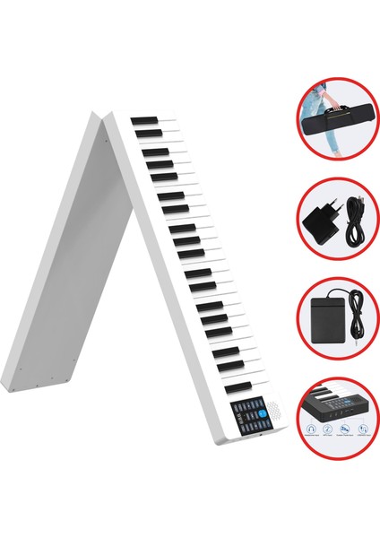 JDP-8800 Katlanabilir Tuş Hassasiyetli Bluetooth + Şarjlı Piyano - Beyaz