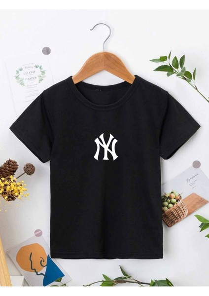 Ünisex Rahat Kalıp Pamuklu Baskılı Siyah Çocuk T-Shirt