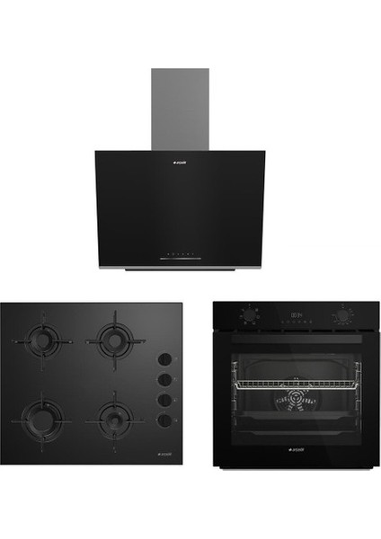 Fibona Serisi Siyah Cam Ankastre Set Ade 606-3 Davlumbaz-Ocd 601 Ocak- Afc 330 S Turbo Fırın