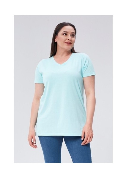 Sea Moda Büyük Beden V Yaka Yırtmaçlı Pamuk Basic Tshirt-Açık Turkuaz