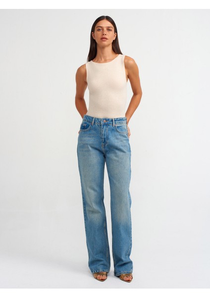 71466 Kendinden Tintli Straight Denim Pantolon-Mavi