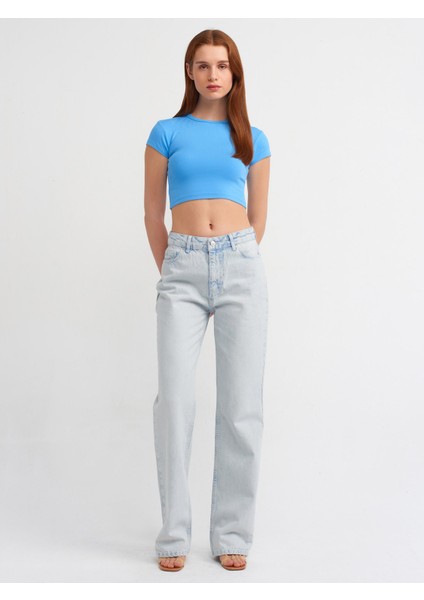 71455 Kırıklı Kumaş Düşük Bel Denim Pantolon-Mavi