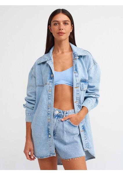 50721 Tek Cepli Oversize Denim Gömlek-Mavi