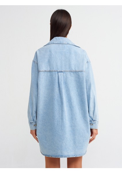 50721 Tek Cepli Oversize Denim Gömlek-Mavi