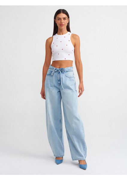 71471 Ince Kemerli Geniş Denim Pantolon-Mavi