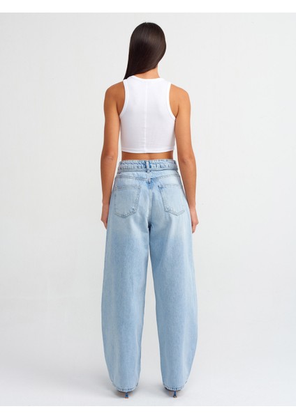 71471 Ince Kemerli Geniş Denim Pantolon-Mavi fiyatları