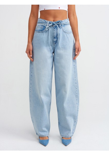 71471 Ince Kemerli Geniş Denim Pantolon-Mavi modelleri