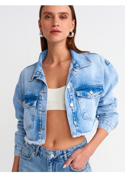 65347 Crop Denim Ceket-Mavi
