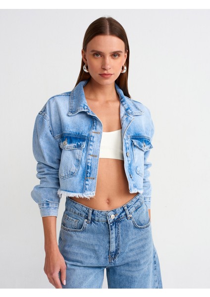 65347 Crop Denim Ceket-Mavi