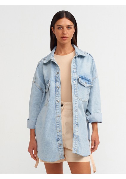 50720 Etek Ucu Dikişsiz Oversize Denim Gömlek-Mavi