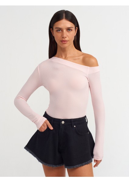 30475 Asimetrik Yaka Uzun Kollu Top-Açık Pembe