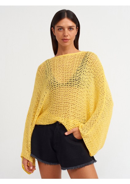 10551 Kayık Yaka Yumuşak Dokulu Ajurlu Kimono Kol Triko Kazak-Sarı fırsatları