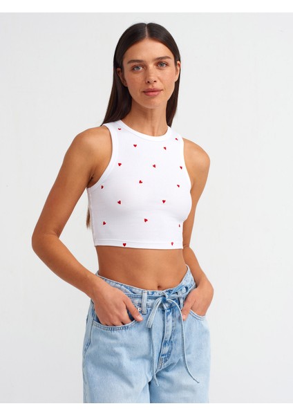 20819 Kalp Nakışlı Crop Top-Beyaz