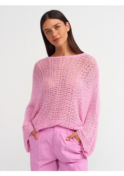 10551 Kayık Yaka Yumuşak Dokulu Ajurlu Kimono Kol Triko Kazak-Pembe