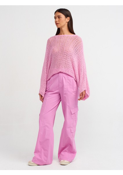 10551 Kayık Yaka Yumuşak Dokulu Ajurlu Kimono Kol Triko Kazak-Pembe modelleri