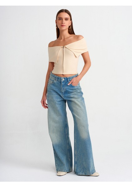 30748 Omuzları Açık Fermuar Detaylı Top-Bej modelleri