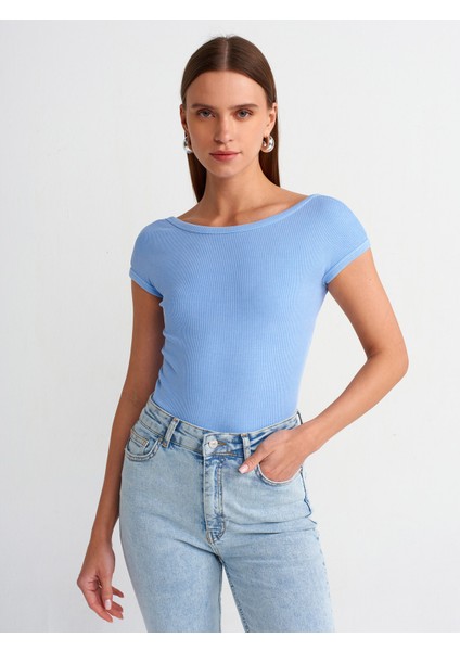 30419 Sırt Detaylı Soluk Efektli T-Shirt-Mavi