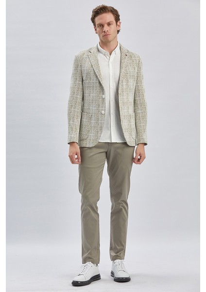 Koyu Haki Mono Yaka Ekose Desen 2 Düğmeli 6 Drop Slim Fit Ceket 1002240158