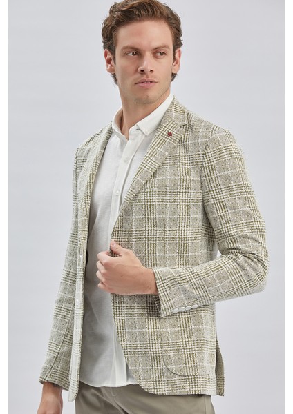 Koyu Haki Mono Yaka Ekose Desen 2 Düğmeli 6 Drop Slim Fit Ceket 1002240158