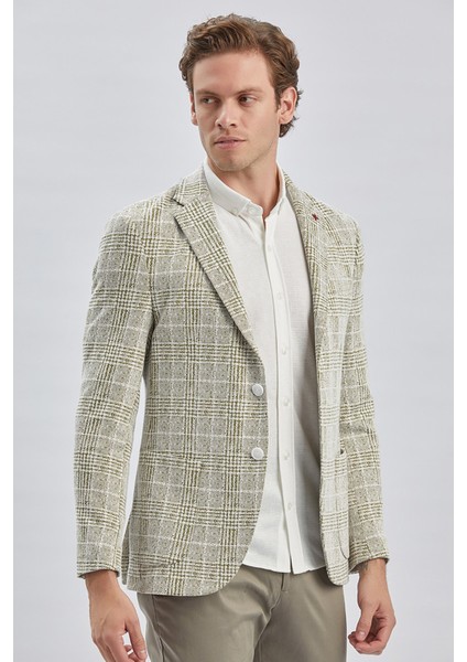 Koyu Haki Mono Yaka Ekose Desen 2 Düğmeli 6 Drop Slim Fit Ceket 1002240158