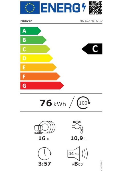 Hs 6C4F0TS-17 C Enerji Sınıfı 8 Programlı Ankastre Bulaşık Makinesi