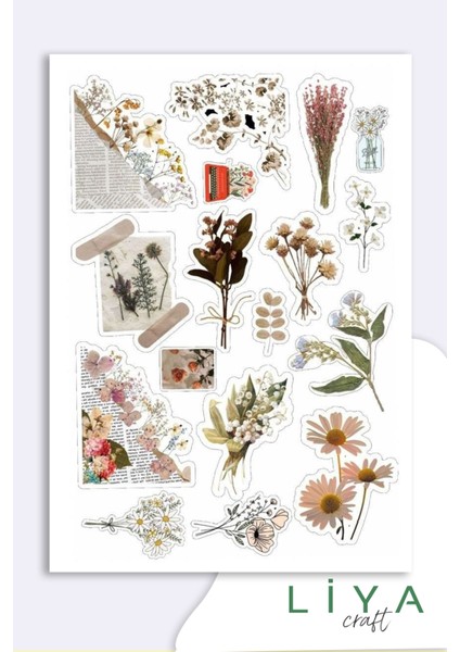 Vintage Çiçek Sticker Seti 10x14 cm El Yapımı Güçlü Yapışkanlı