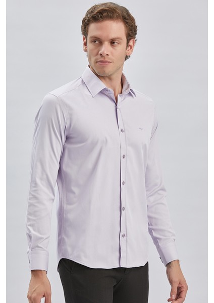 Lila Uzun Kollu Sert Yaka Cepsiz Pamuklu Likralı Klasik Slim Fit Dar Kesim Gömlek 1004240234 modelleri