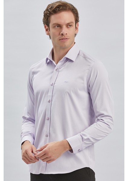 Lila Uzun Kollu Sert Yaka Cepsiz Pamuklu Likralı Klasik Slim Fit Dar Kesim Gömlek 1004240234 fırsatları