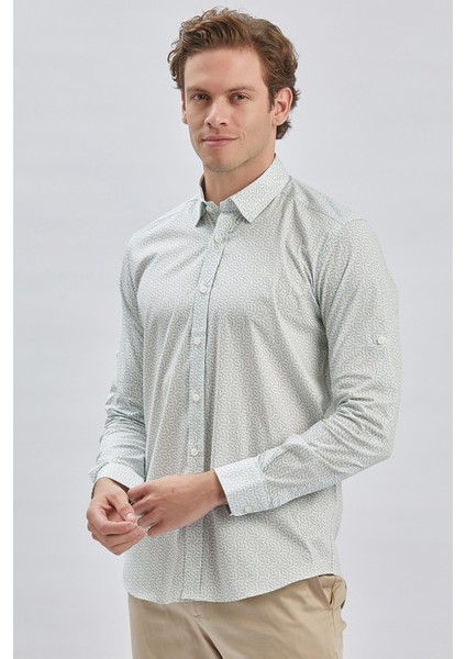 Koyu Haki Kısalabilir Kol Baskılı Cepsiz %97 Pamuk %3 Elastane Klasik Slim Fit Gömlek 1004240116 fırsatları