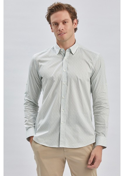 Koyu Haki Kısalabilir Kol Baskılı Cepsiz %97 Pamuk %3 Elastane Klasik Slim Fit Gömlek 1004240116 indirimleri