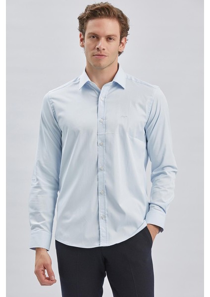 Koyu Mavi Uzun Kollu Sert Yaka Cepsiz Pamuklu Likralı Klasik Slim Fit Dar Kesim Gömlek 1004240234