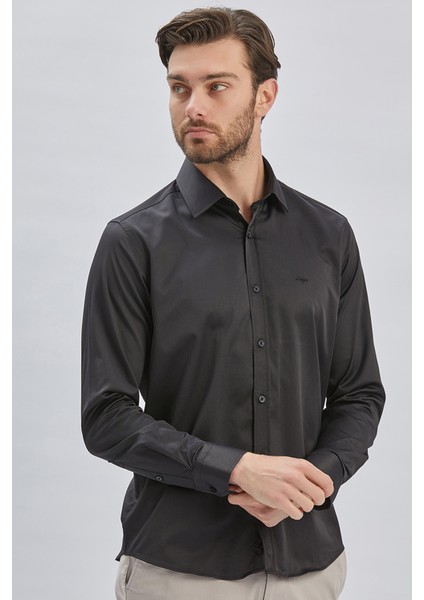 Siyah Uzun Kollu Sert Yaka Cepsiz Pamuklu Likralı Klasik Slim Fit Dar Kesim Gömlek 1004240234 fiyatları
