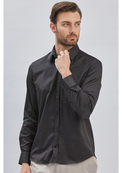 Siyah Uzun Kollu Sert Yaka Cepsiz Pamuklu Likralı Klasik Slim Fit Dar Kesim Gömlek 1004240234 modelleri