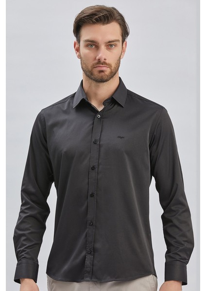 Siyah Uzun Kollu Sert Yaka Cepsiz Pamuklu Likralı Klasik Slim Fit Dar Kesim Gömlek 1004240234 fırsatları