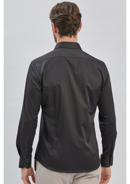 Siyah Uzun Kollu Sert Yaka Cepsiz Pamuklu Likralı Klasik Slim Fit Dar Kesim Gömlek 1004240234 indirimleri