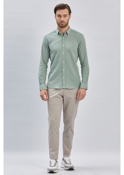 Açık Yeşil Uzun Kollu Biritli Yaka Biyeli Pamuklu Likralı Casual Slim Fit Dar Kesim Gömlek 1004240232