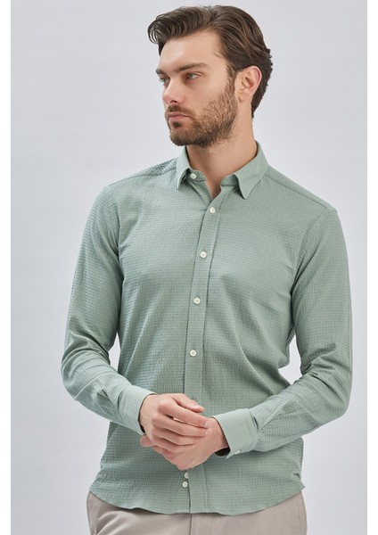 Açık Yeşil Uzun Kollu Biritli Yaka Biyeli Pamuklu Likralı Casual Slim Fit Dar Kesim Gömlek 1004240232 fiyatları