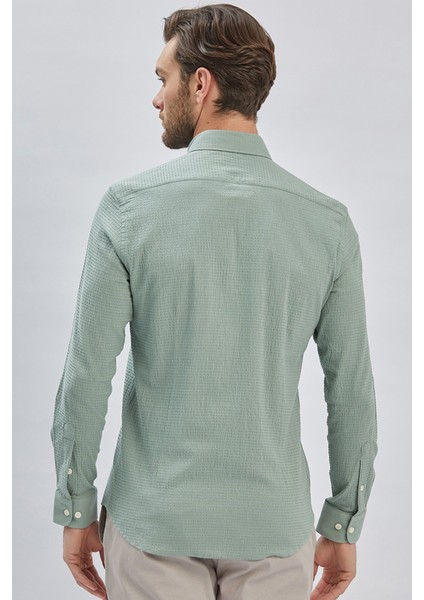 Açık Yeşil Uzun Kollu Biritli Yaka Biyeli Pamuklu Likralı Casual Slim Fit Dar Kesim Gömlek 1004240232 indirimleri