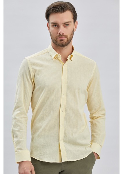 Sarı Uzun Kollu Biritli Yaka Biyeli Pamuklu Likralı Casual Slim Fit Dar Kesim Gömlek 1004240232 fiyatları