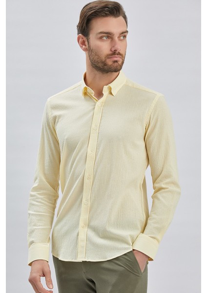 Sarı Uzun Kollu Biritli Yaka Biyeli Pamuklu Likralı Casual Slim Fit Dar Kesim Gömlek 1004240232 fırsatları