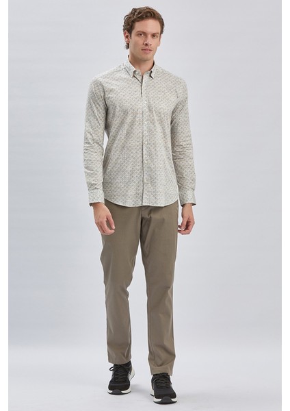 Bej Uzun Kollu Baskılı Biritli Yaka Cepsiz Pamuklu Klasik Slim Fit Dar Kesim Gömlek 1004240213